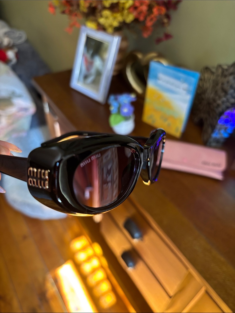 Miu Miu Black Oval Sunglasses with Pink Case - Picture 8 of 12
